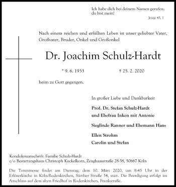 Anzeige von Joachim Schulz-Hardt von Kölner Stadt-Anzeiger / Kölnische Rundschau / Express