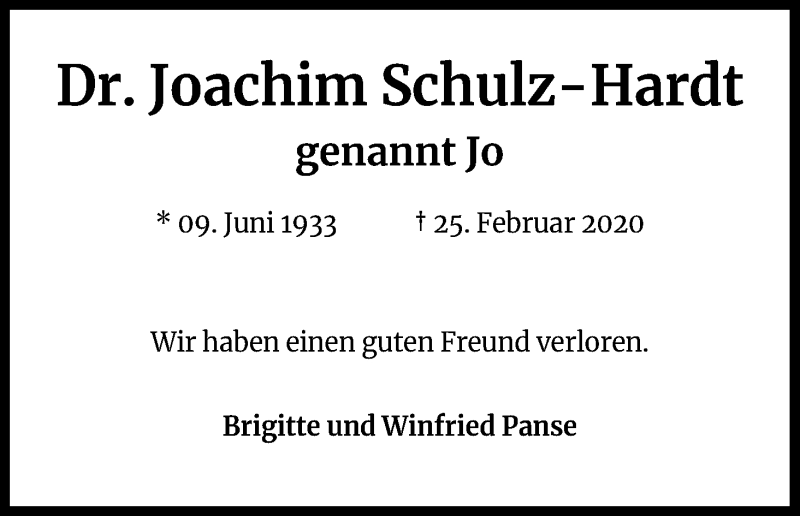  Traueranzeige für Joachim Schulz-Hardt vom 07.03.2020 aus Kölner Stadt-Anzeiger / Kölnische Rundschau / Express