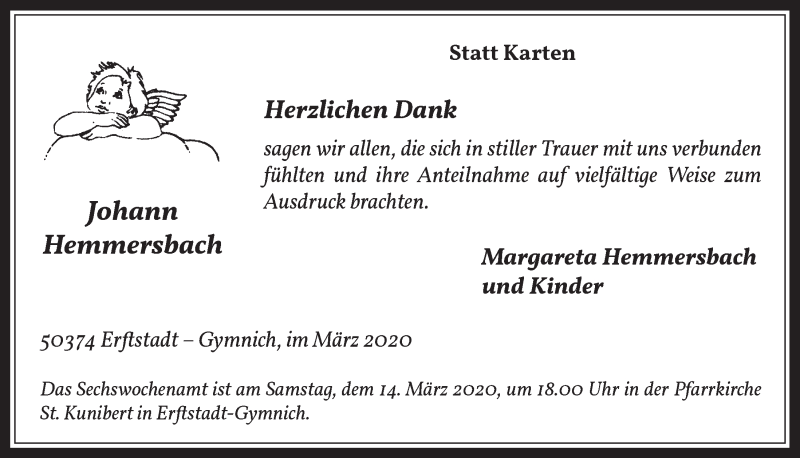  Traueranzeige für Johann Hemmersbach vom 11.03.2020 aus  Werbepost 