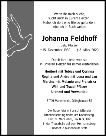 Anzeige von Johanna Feldhoff von Zeitungsgruppe Köln