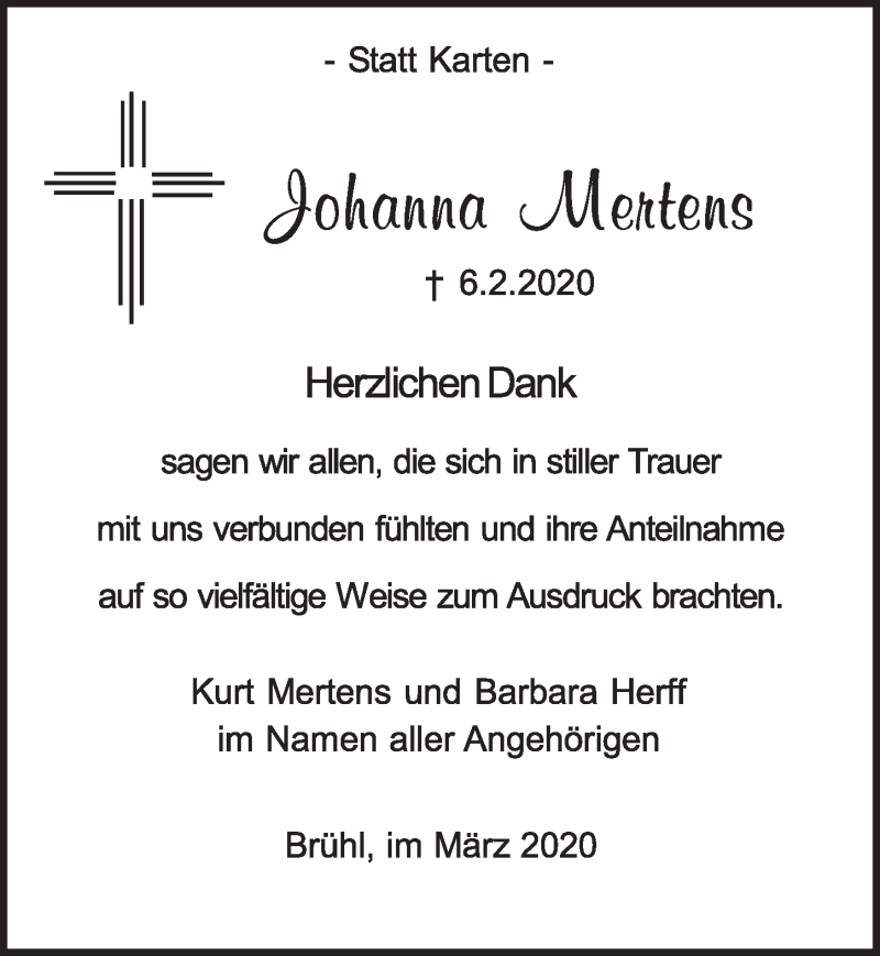  Traueranzeige für Johanna Mertens vom 04.03.2020 aus  Schlossbote/Werbekurier 