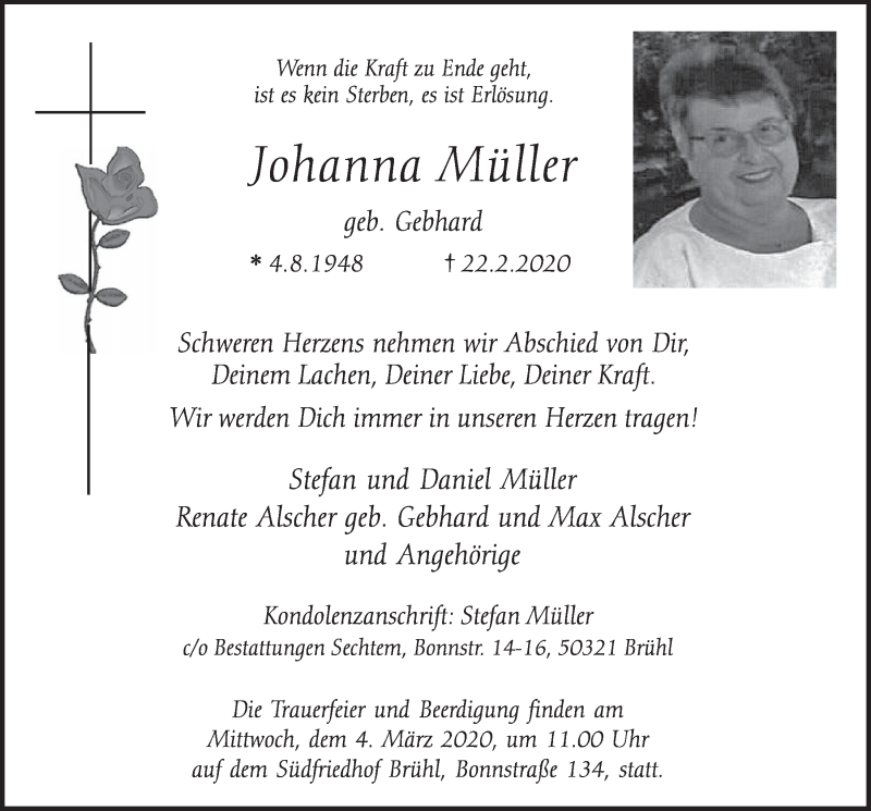  Traueranzeige für Johanna Müller vom 04.03.2020 aus  Schlossbote/Werbekurier 