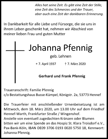 Anzeige von Johanna Pfennig von Zeitungsgruppe Köln