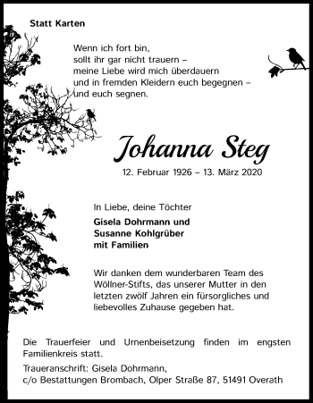 Anzeige von Johanna Steg von Zeitungsgruppe Köln