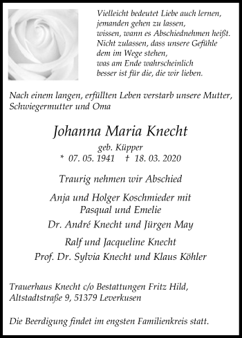 Anzeige von Johanna Maria Knecht von Kölner Stadt-Anzeiger / Kölnische Rundschau / Express