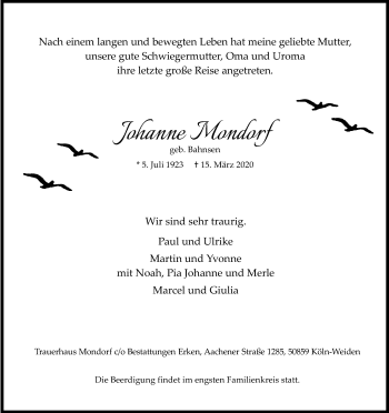 Anzeige von Johanne Mondorf von Kölner Stadt-Anzeiger / Kölnische Rundschau / Express