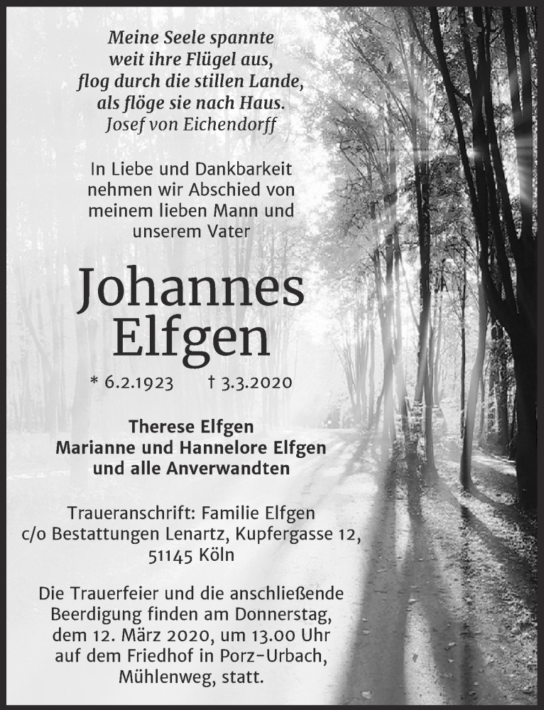 Traueranzeige für Johannes Elfgen vom 11.03.2020 aus  Kölner Wochenspiegel 