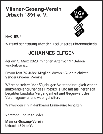 Anzeige von Johannes Elfgen von  Kölner Wochenspiegel 