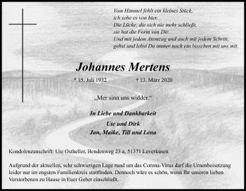 Anzeige von Johannes Mertens von Kölner Stadt-Anzeiger / Kölnische Rundschau / Express
