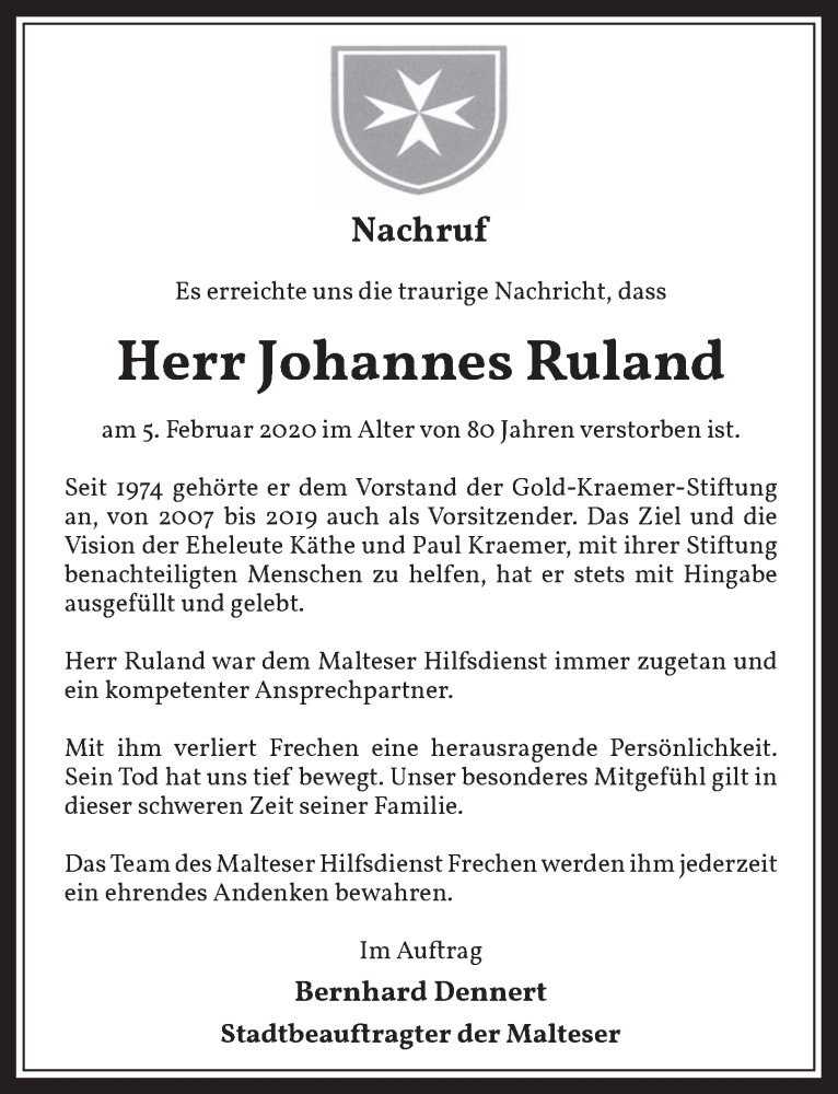  Traueranzeige für Johannes Ruland vom 11.03.2020 aus  Wochenende 