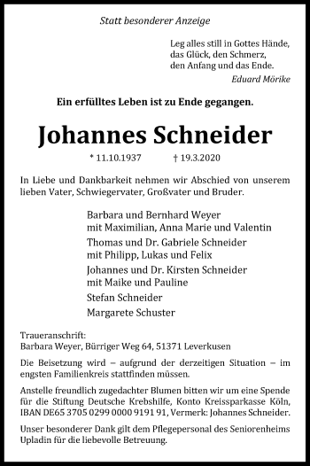 Anzeige von Johannes Schneider von Kölner Stadt-Anzeiger / Kölnische Rundschau / Express