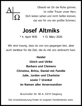 Anzeige von Josef Altmiks von Kölner Stadt-Anzeiger / Kölnische Rundschau / Express