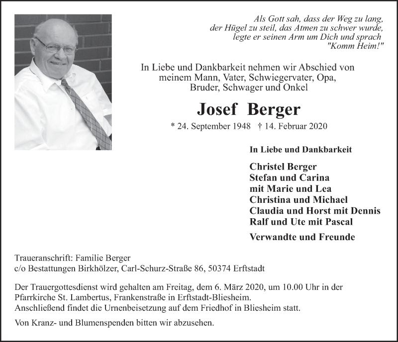  Traueranzeige für Josef Berger vom 04.03.2020 aus  Werbepost 