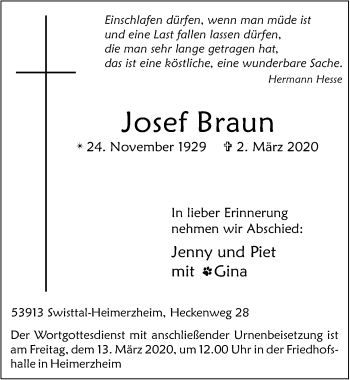Anzeige von Josef Braun von  Schaufenster/Blickpunkt 