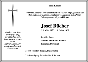 Anzeige von Josef Bücher von Kölner Stadt-Anzeiger / Kölnische Rundschau / Express