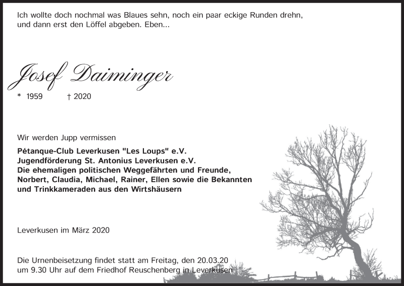  Traueranzeige für Josef Daiminger vom 16.03.2020 aus Zeitungsgruppe Köln