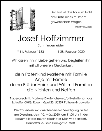 Anzeige von Josef Hoffzimmer von Kölner Stadt-Anzeiger / Kölnische Rundschau / Express