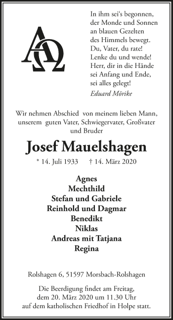 Anzeige von Josef Mauelshagen von  Lokalanzeiger 
