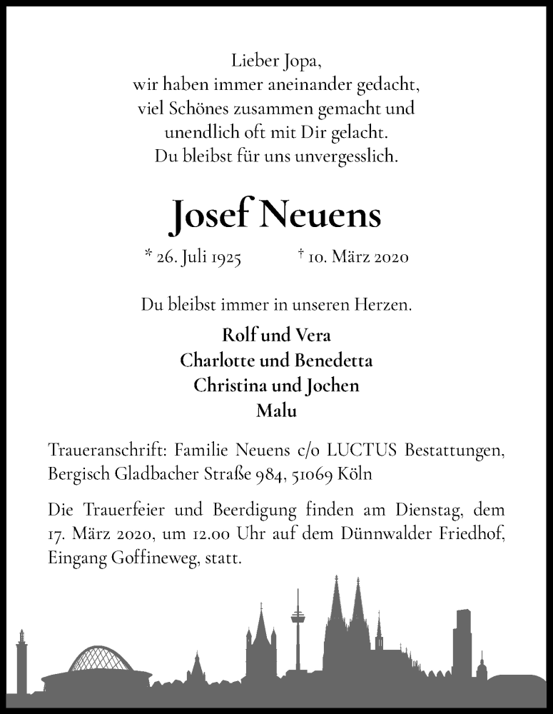  Traueranzeige für Josef Neuens vom 14.03.2020 aus Zeitungsgruppe Köln
