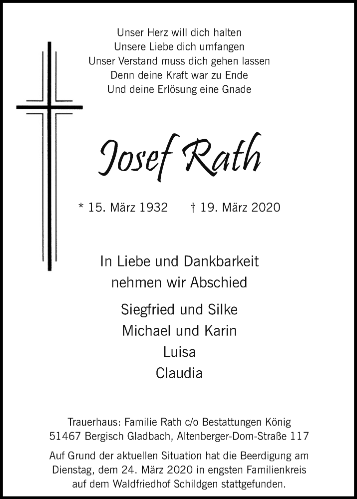  Traueranzeige für Josef Rath vom 25.03.2020 aus Kölner Stadt-Anzeiger / Kölnische Rundschau / Express