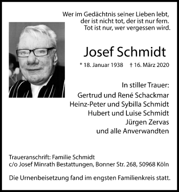 Anzeige von Josef Schmidt von Kölner Stadt-Anzeiger / Kölnische Rundschau / Express