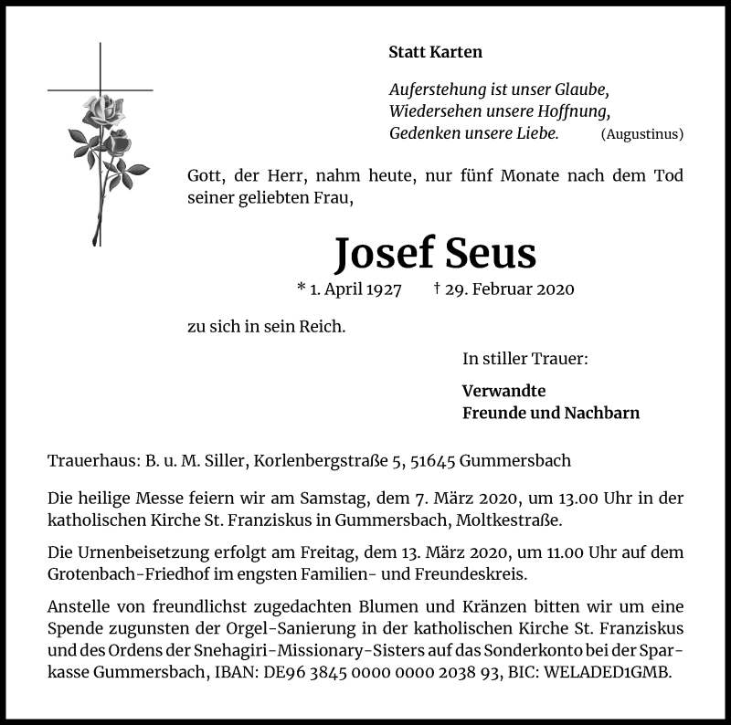  Traueranzeige für Josef Seus vom 04.03.2020 aus Kölner Stadt-Anzeiger / Kölnische Rundschau / Express