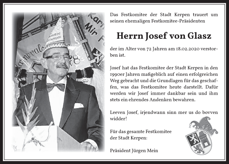  Traueranzeige für Josef von Glasz vom 04.03.2020 aus  Werbepost 
