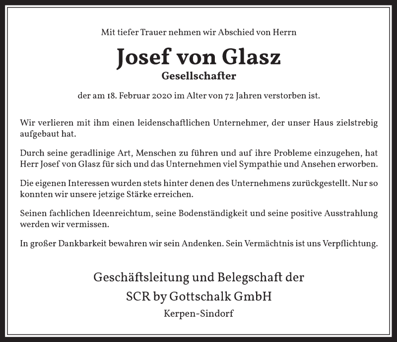  Traueranzeige für Josef von Glasz vom 04.03.2020 aus  Werbepost 