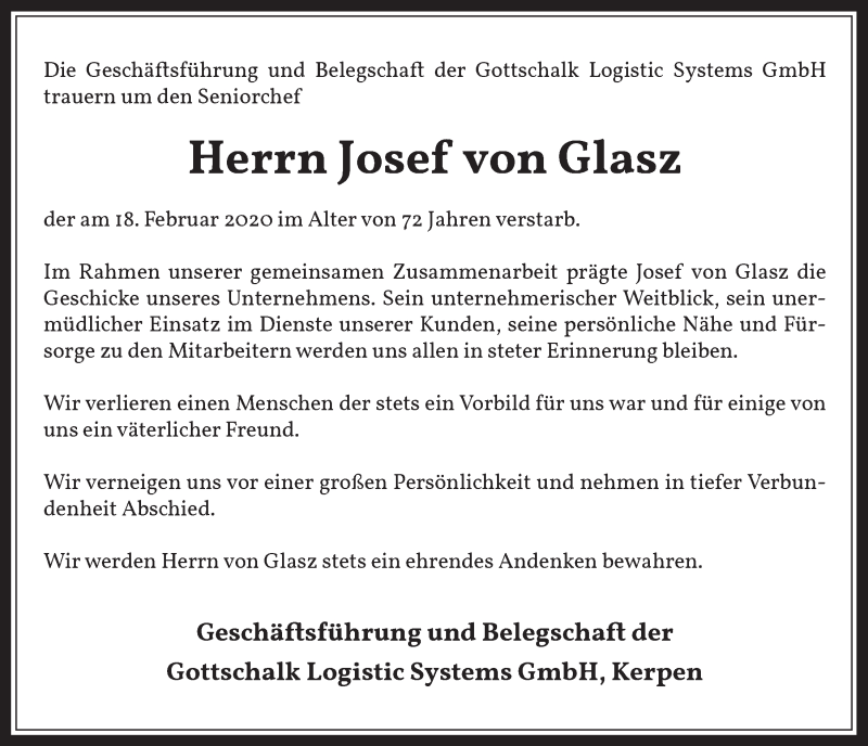  Traueranzeige für Josef von Glasz vom 04.03.2020 aus  Werbepost 