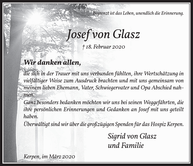  Traueranzeige für Josef von Glasz vom 18.03.2020 aus  Werbepost 