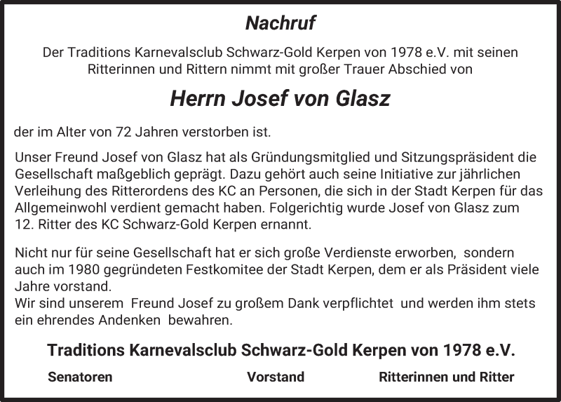  Traueranzeige für Josef von Glasz vom 04.03.2020 aus  Werbepost 