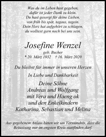 Anzeige von Josefine Wenzel von Kölner Stadt-Anzeiger / Kölnische Rundschau / Express