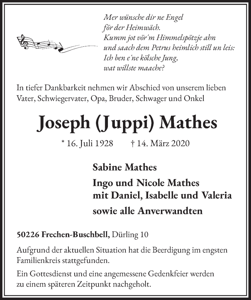  Traueranzeige für Joseph Mathes vom 21.03.2020 aus  Sonntags-Post 
