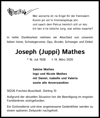 Anzeige von Joseph Mathes von Kölner Stadt-Anzeiger / Kölnische Rundschau / Express