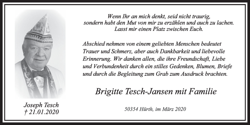  Traueranzeige für Joseph Tesch vom 14.03.2020 aus  Sonntags-Post 