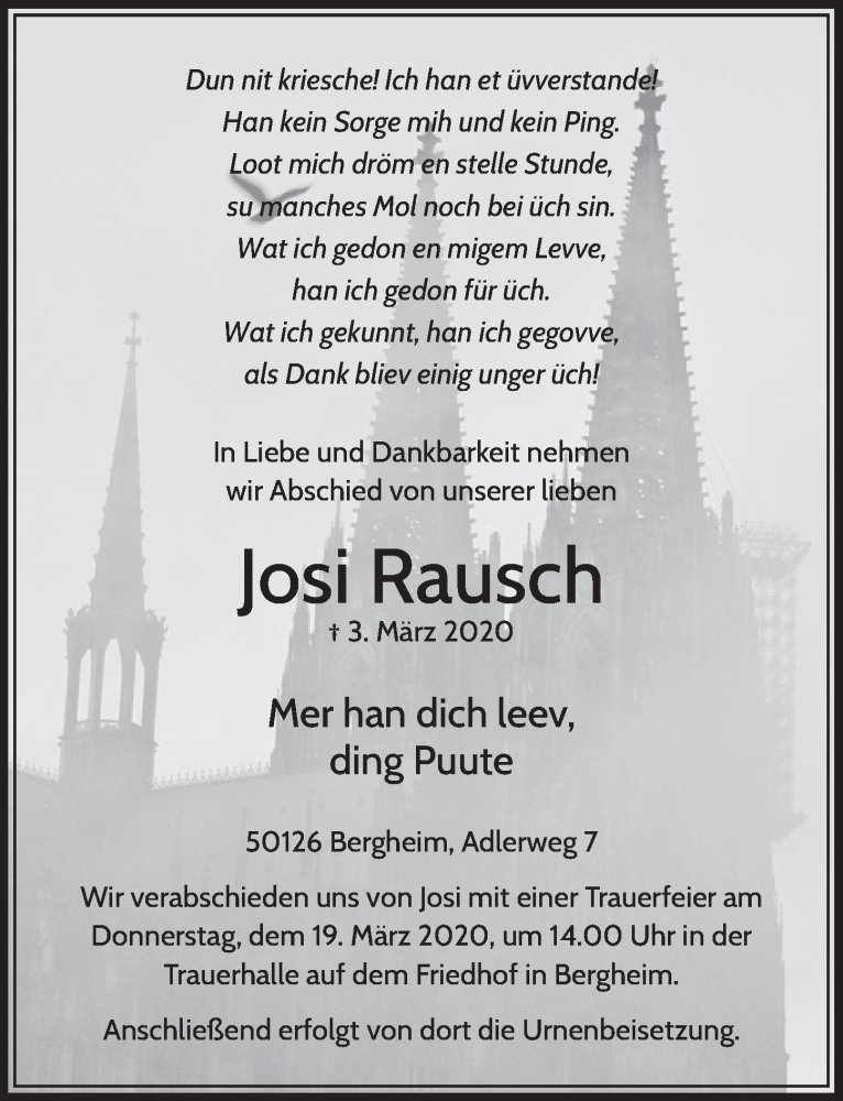  Traueranzeige für Josi Rausch vom 07.03.2020 aus  Sonntags-Post 