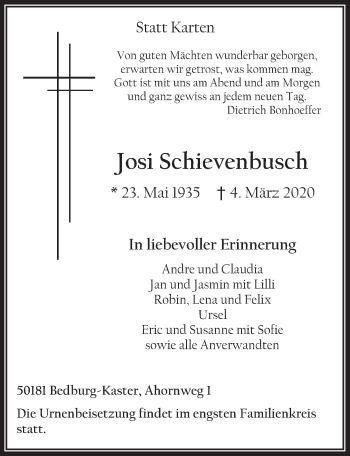 Anzeige von Josi Schievenbusch von  Werbepost 