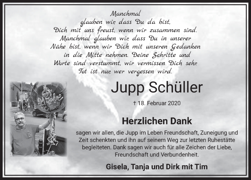  Traueranzeige für Jupp Schüller vom 21.03.2020 aus  Sonntags-Post 