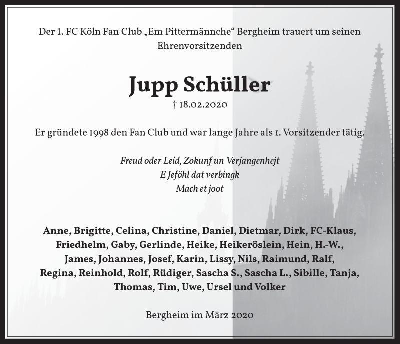  Traueranzeige für Jupp Schüller vom 04.03.2020 aus  Werbepost 