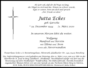 Anzeige von Jutta Eckes von Kölner Stadt-Anzeiger / Kölnische Rundschau / Express
