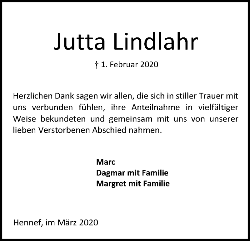  Traueranzeige für Jutta Lindlahr vom 07.03.2020 aus Kölner Stadt-Anzeiger / Kölnische Rundschau / Express