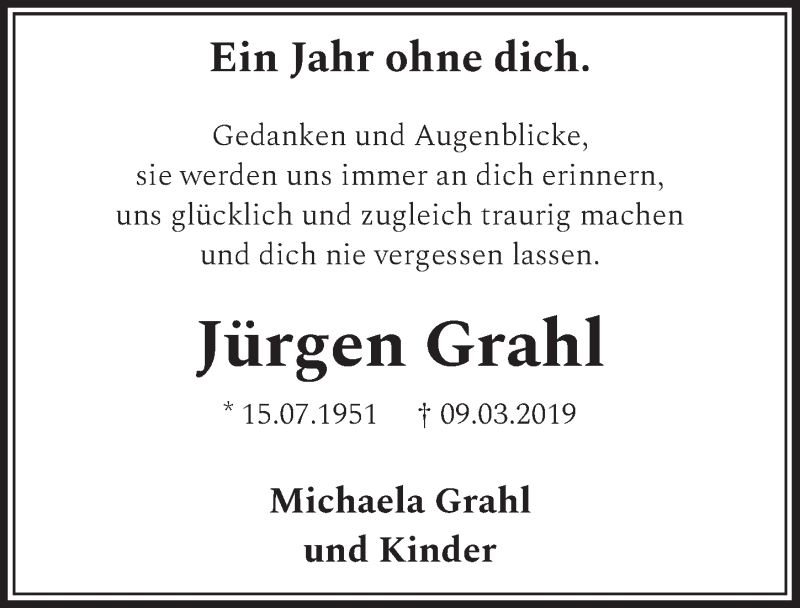  Traueranzeige für Jürgen Grahl vom 11.03.2020 aus  Schlossbote/Werbekurier 