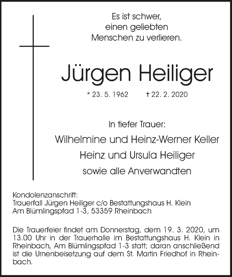  Traueranzeige für Jürgen Heiliger vom 11.03.2020 aus  Schaufenster/Blickpunkt 
