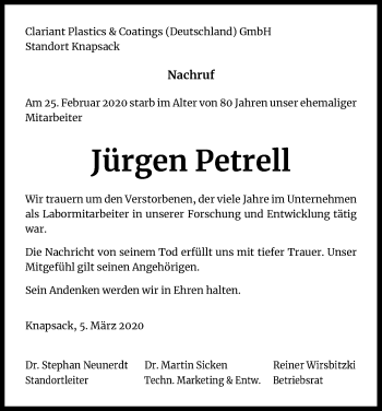 Anzeige von Jürgen Petrell von Kölner Stadt-Anzeiger / Kölnische Rundschau / Express
