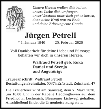 Anzeige von Jürgen Petrell von Kölner Stadt-Anzeiger / Kölnische Rundschau / Express