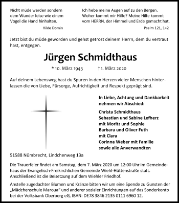 Anzeige von Jürgen Schmidthaus von Kölner Stadt-Anzeiger / Kölnische Rundschau / Express