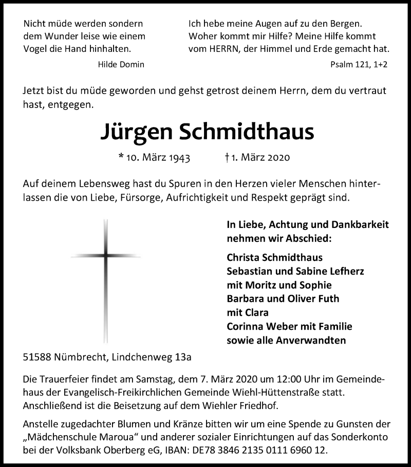  Traueranzeige für Jürgen Schmidthaus vom 04.03.2020 aus Kölner Stadt-Anzeiger / Kölnische Rundschau / Express