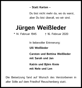 Anzeige von Jürgen Weißleder von Kölner Stadt-Anzeiger / Kölnische Rundschau / Express