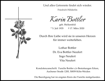 Anzeige von Karin Bottler von Kölner Stadt-Anzeiger / Kölnische Rundschau / Express