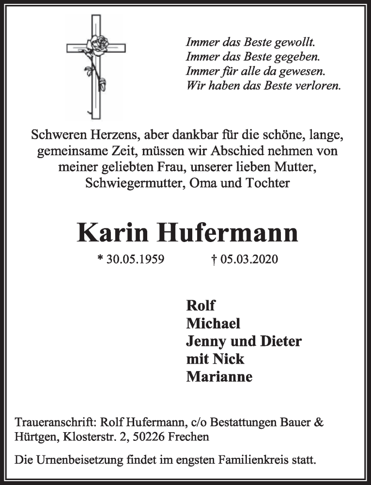  Traueranzeige für Karin Hufermann vom 14.03.2020 aus  Sonntags-Post 